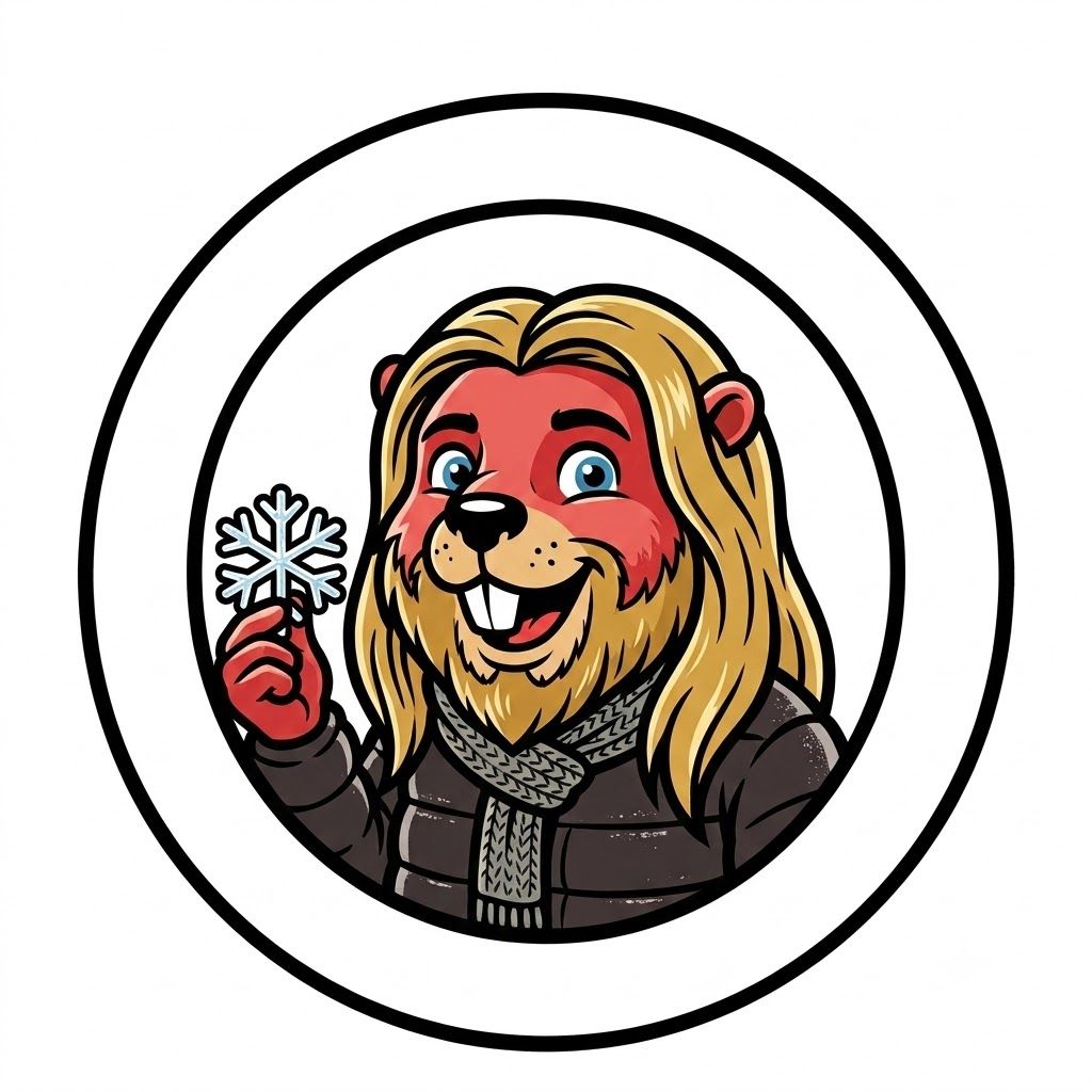 Cartoon beaver with long blond hair in a winter coat and scarf, holding a snowflake, drawn as a round badge